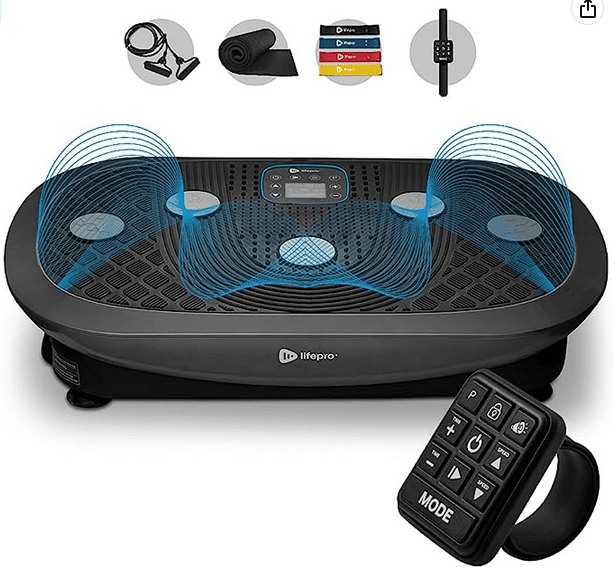 A black and blue vibration plate with a remote control.