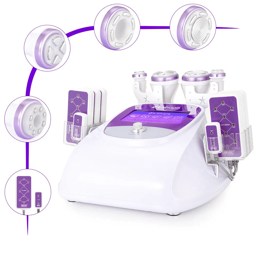 A purple and white machine with many different types of devices
