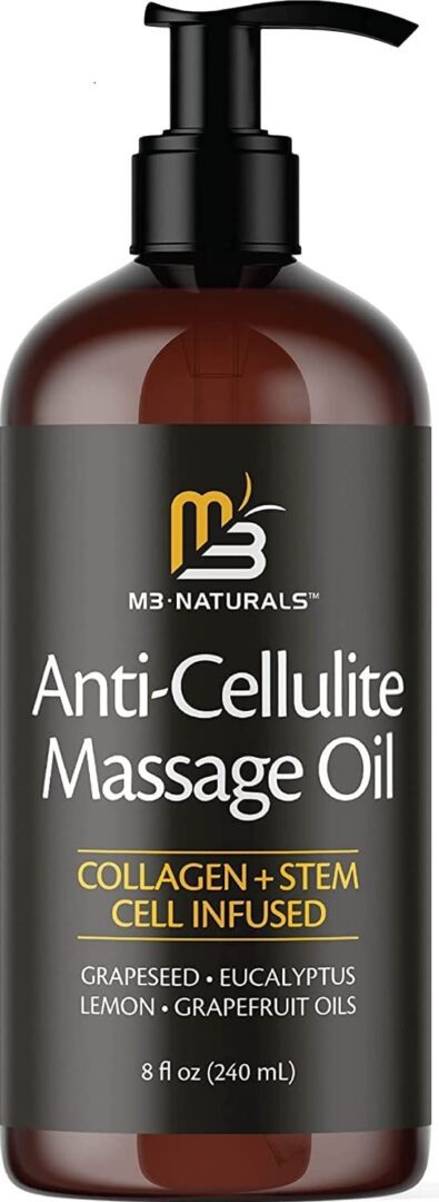 A bottle of massage oil with the label anti-cellulite massage oil.